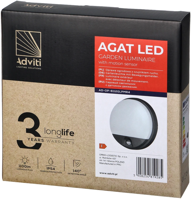 Sieninis šviestuvas Orno AGAT LED 15W, sodo šviestuvas su judesio jutikliu, 140°, 1100lm, IP54, 4000K, pilkas