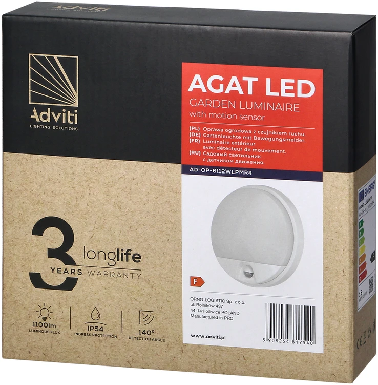 Sieninis šviestuvas Orno AGAT LED 15W, sodo šviestuvas su judesio jutikliu 140°, 1100lm, IP54, 4000K, baltas