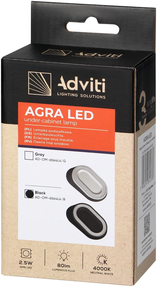 AGRA LED po spintele montuojamas šviestuvas 2,5 W, 80 lm, 4000 K, juodas