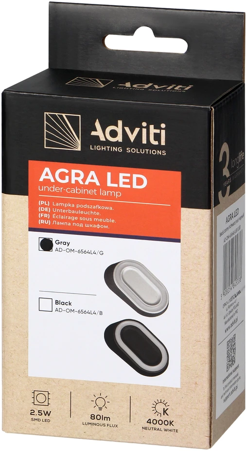 AGRA LED šviestuvas po spintele 2,5 W, 80 lm, 4000 K, pilkas