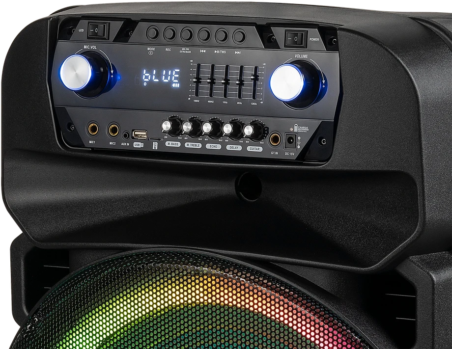 Kruger & Matz Aktyvus garsiakalbis (su 2 belaidžiais mikrofonais UHF, SD, Bluetooth, FM, USB, LED) 60 vatų