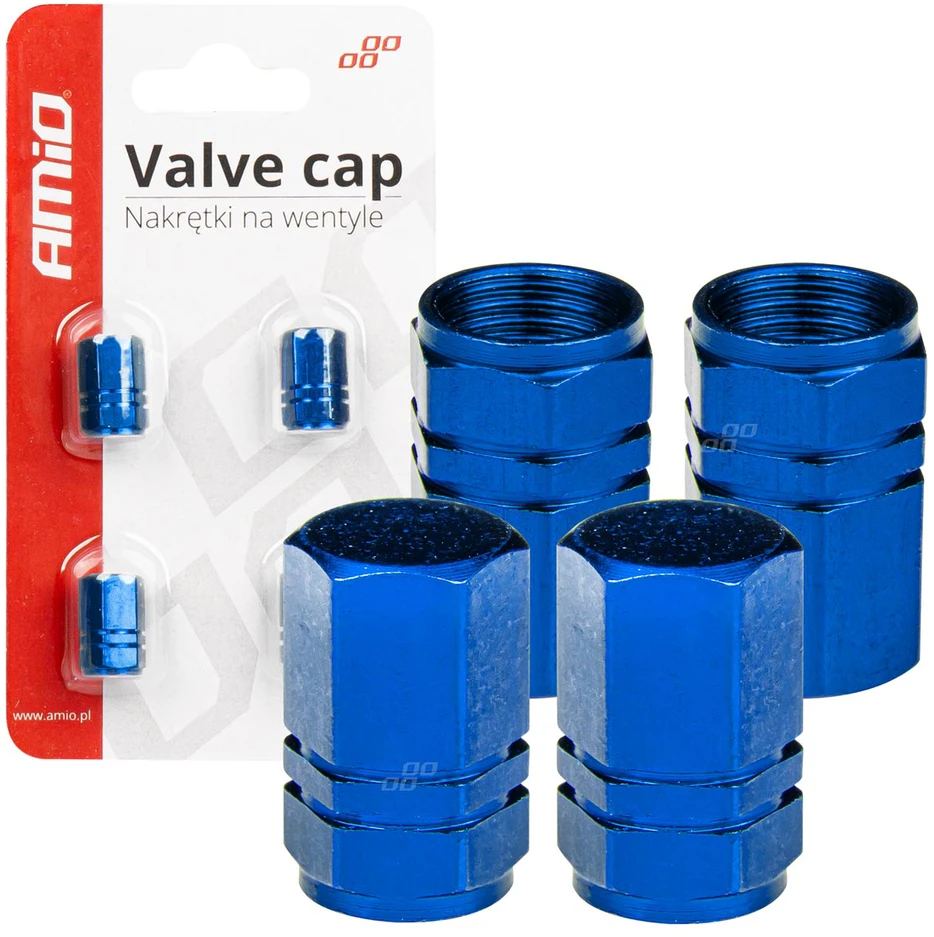 Aliuminio vožtuvų dangteliai, mėlyni, 4 vnt., amio-02239