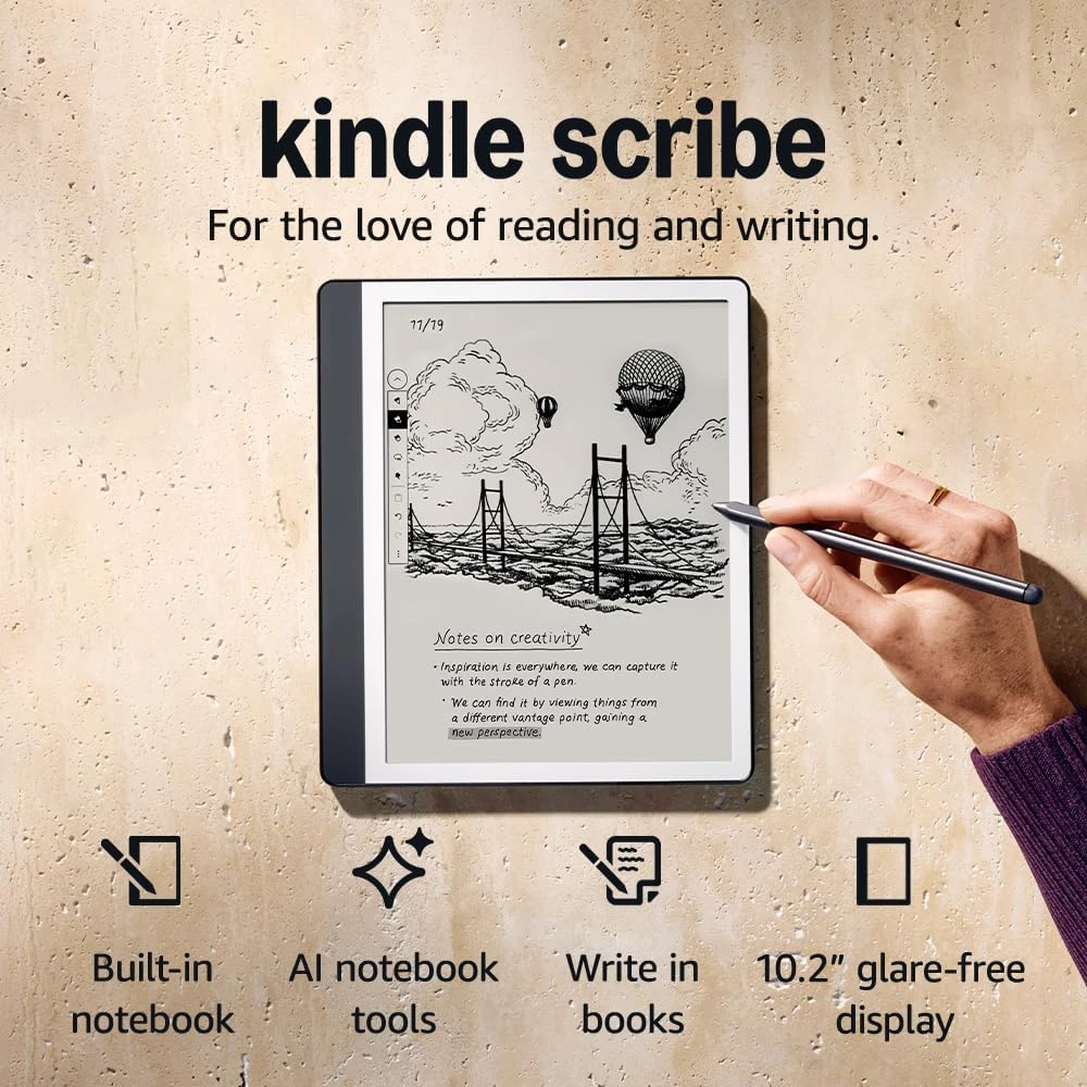 Amazon Naujasis „Kindle Scribe“ el. knygų skaitytuvas – 2024 m. išleidimas, 10,2 colio ekranas su akinimo efektu, 32 GB „Wi-Fi“ (be užrakinimo ekrano reklamų) ir aukščiausios kokybės volframo rašikliu.