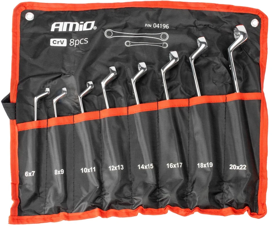Žiedinių raktų rinkinys, lenkti 6-22 mm, 8 vnt., AMIO-04196