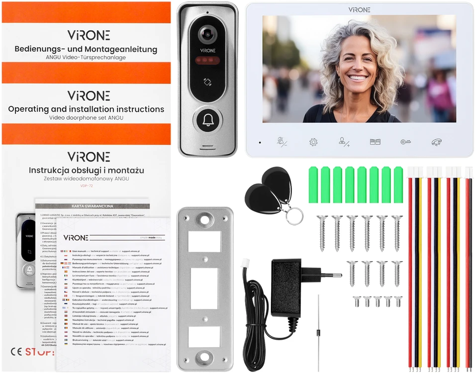 ANGU, vienos šeimos vaizdo domofono komplektas, 4 laidų, 7 colių, jutikliniai mygtukai, RFID, baltas