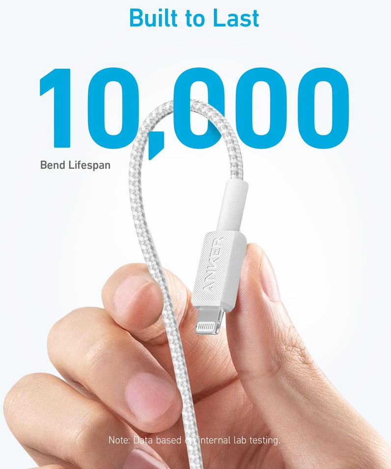 „Anker“ – 322 USB-C–Lightning laidas (3 pėdų, pintas) – baltas