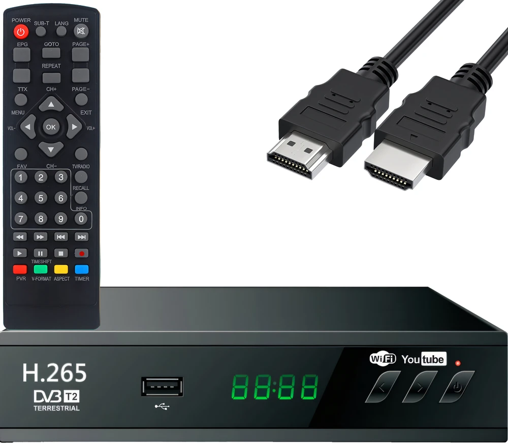 Antžeminės televizijos imtuvo dekoderis, USB 5V, „Full HD“ DVB-T2 antenos nuotolinio valdymo pultas + HDMI kabelis - ER1238