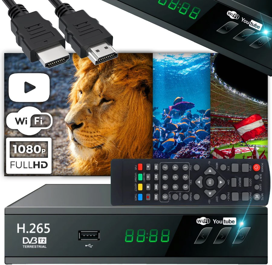 Antžeminės televizijos imtuvo dekoderis, USB 5V, „Full HD“ DVB-T2 antenos nuotolinio valdymo pultas + HDMI kabelis - ER1238