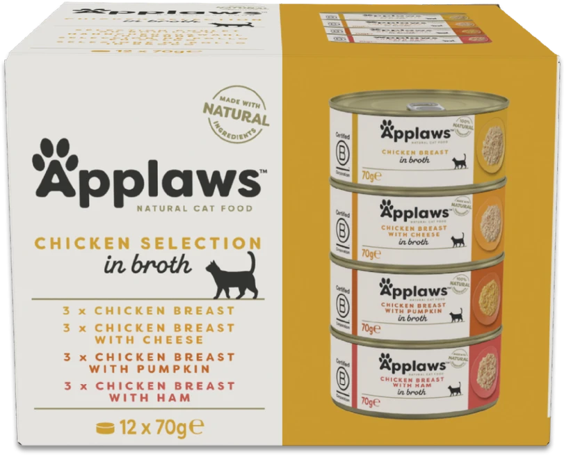 APPLAWS vištiena Selection in Broth - šlapias kačių ėdalas - 12x70g