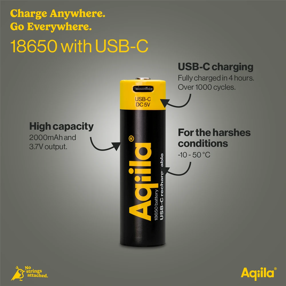 „Aqiila“ – įkraunama USB-C baterija – dydis 18650 – 2000 mAh – 1 pakuotė