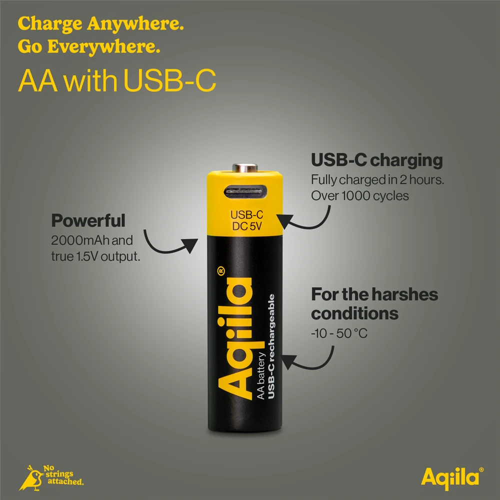 „Aqiila“ – įkraunamos USB-C baterijos – AA dydis – 2000 mAh – 4 vnt. pakuotėje