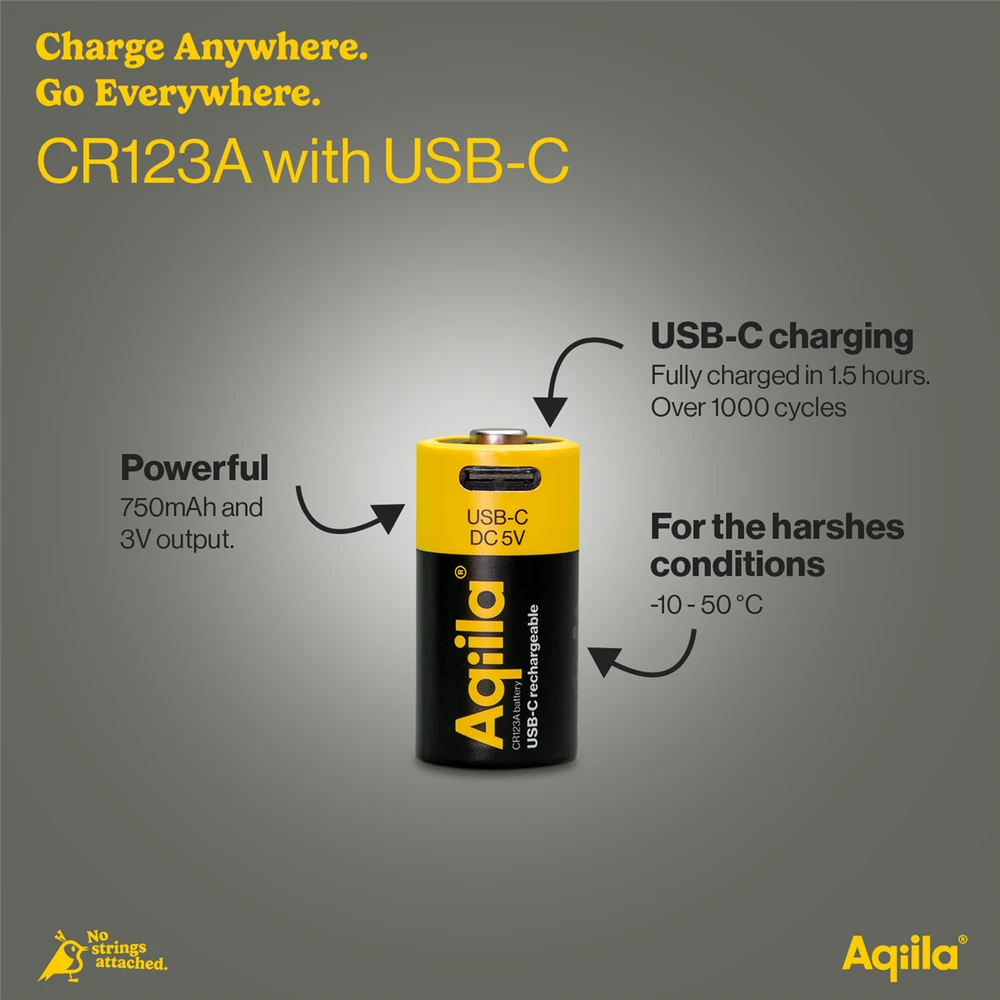 „Aqiila“ – įkraunamos USB-C baterijos – CR123A dydis – 750 mAh – 2 vnt. pakuotėje