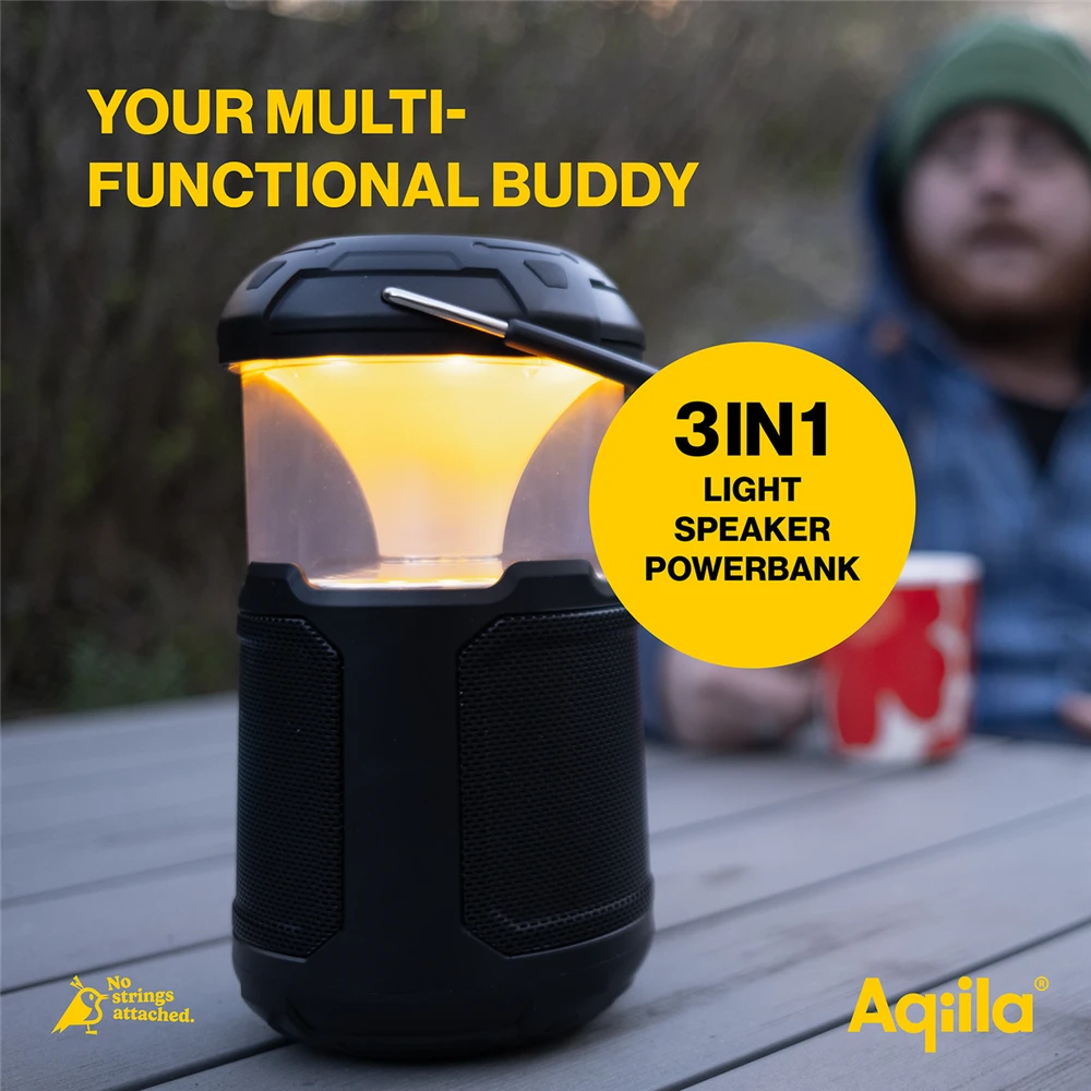 „Aqiila“ – „Soundbird B10“ – pritemdomo LED šviestuvo su garsiakalbiais ir išorine baterija
