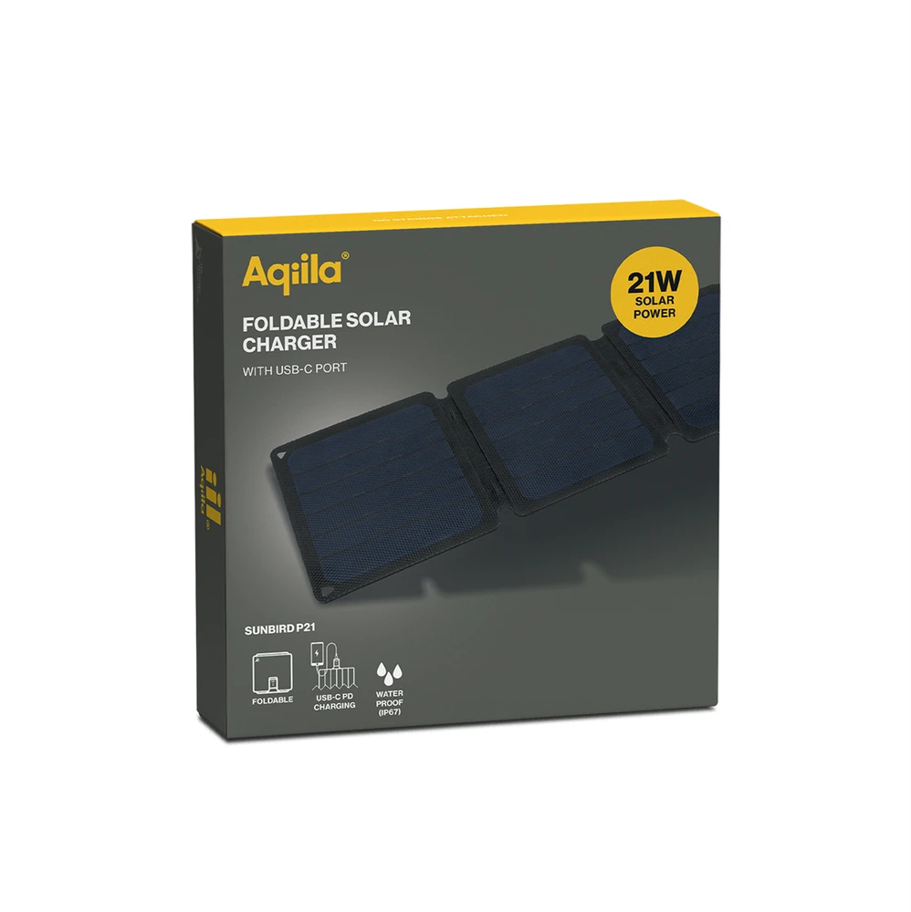 „Aqiila“ – „Sunbird P21“ – sulankstomas saulės įkroviklis su USB-C prievadu