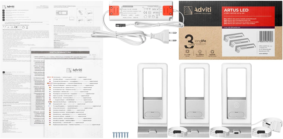 Orno ARTUS 3 LED spintelių šviestuvų komplektas, 3x3W, 3x225lm, 4000K, su jutikliniu jungikliu ir USB, pilkas