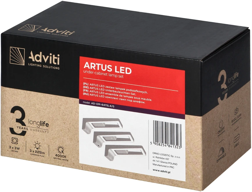 Orno ARTUS 3 LED spintelių šviestuvų komplektas, 3x3W, 3x225lm, 4000K, su jutikliniu jungikliu ir USB, pilkas