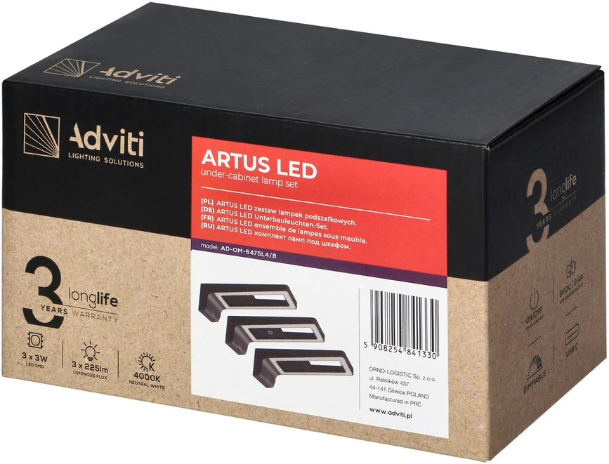 Orno ARTUS 3 LED šviestuvų komplektas po spintele, 3x3W, 3x225lm, 4000K, su jutikliniu jungikliu ir USB, juodos spalvos