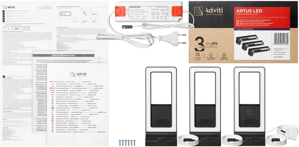 Orno ARTUS 3 LED šviestuvų komplektas po spintele, 3x3W, 3x225lm, 4000K, su jutikliniu jungikliu ir USB, juodos spalvos