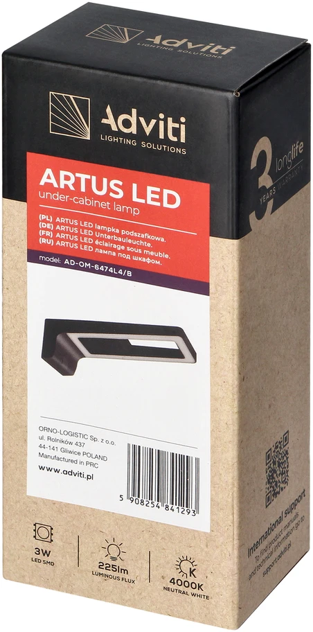 Orno ARTUS LED po spintele montuojamas šviestuvas 3W, 225lm, 4000K, juodas
