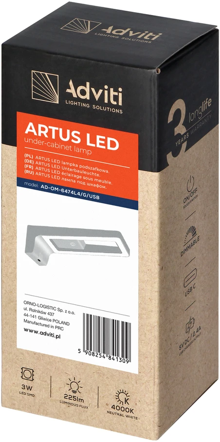 Orno ARTUS LED po spintele montuojamas šviestuvas 3W, 225lm, 4000K, su jutikliniu jungikliu ir USB, pilkas