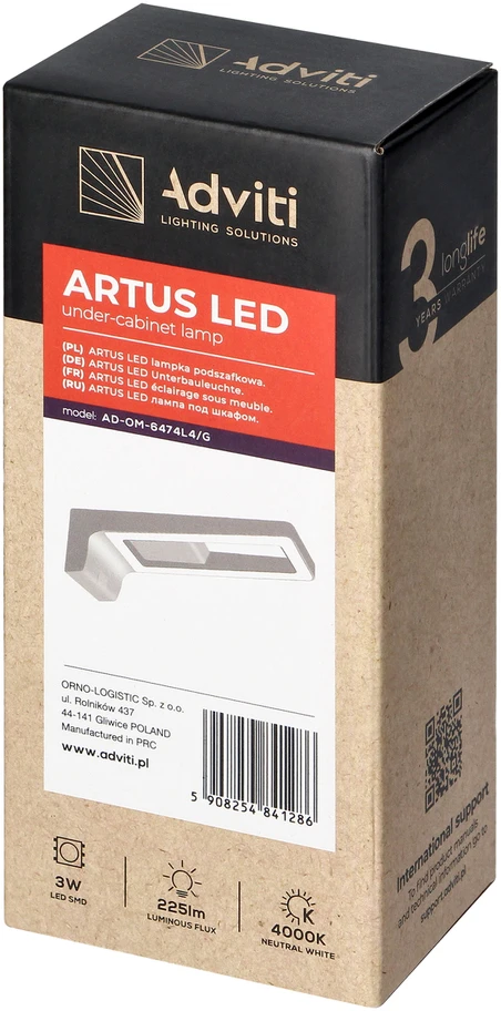 Orno ARTUS LED po spintele montuojamas šviestuvas 3W, 225lm, 4000K, pilkas