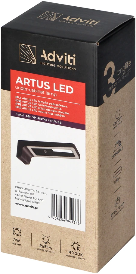 Orno ARTUS LED po spintele montuojamas šviestuvas 3W, 225lm, 4000K, su jutikliniu jungikliu ir USB, juodas