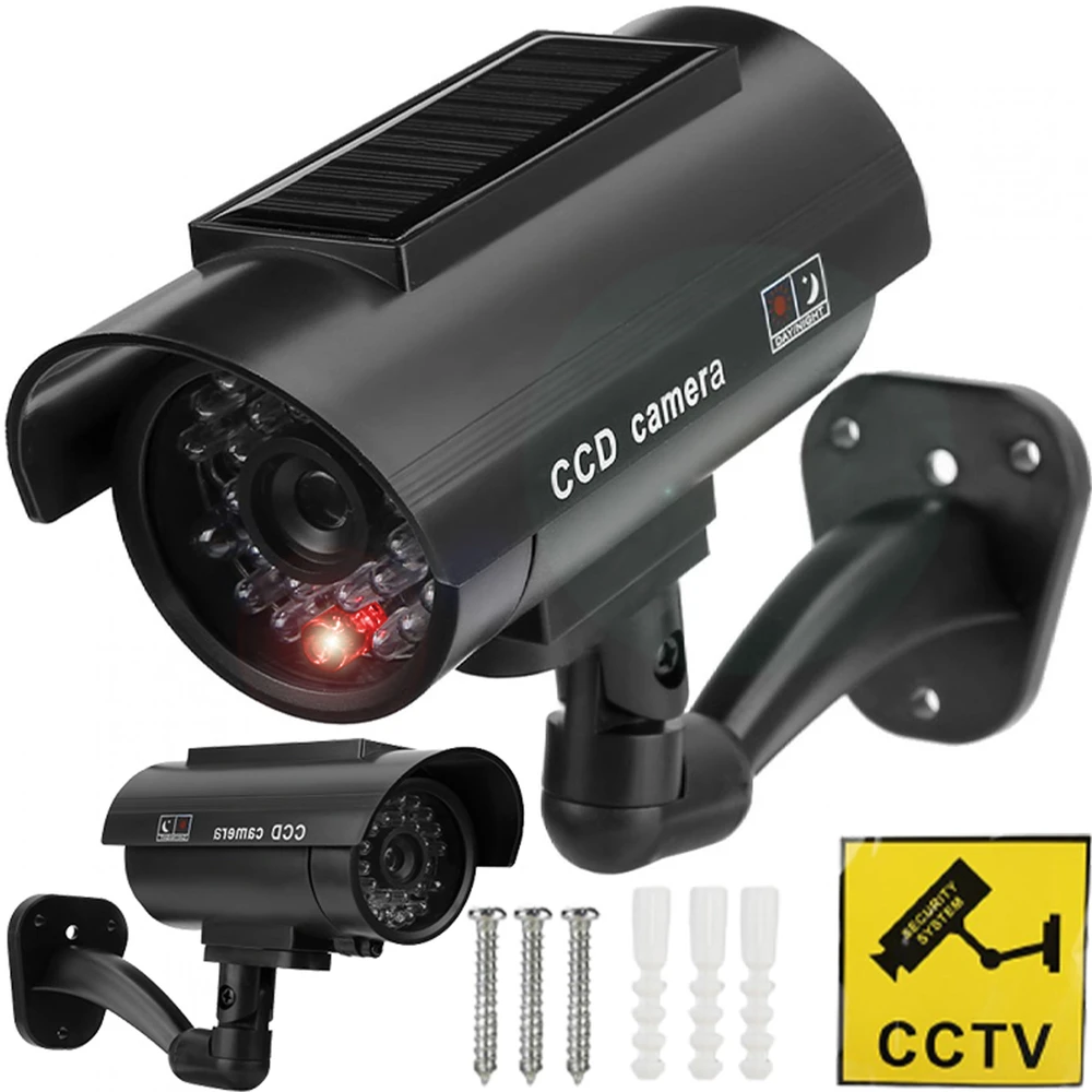 Atrapa Netikra CCTV kamera su saulės stebėjimo kamera, mirksinčia LED lempute ant sienos