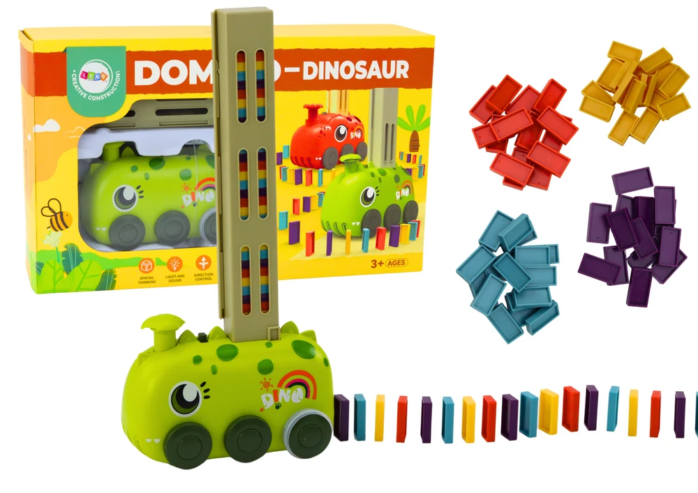 Lean Toys Žalias baterijomis veikiantis dinozaurų automobilis su domino kaladėlėmis