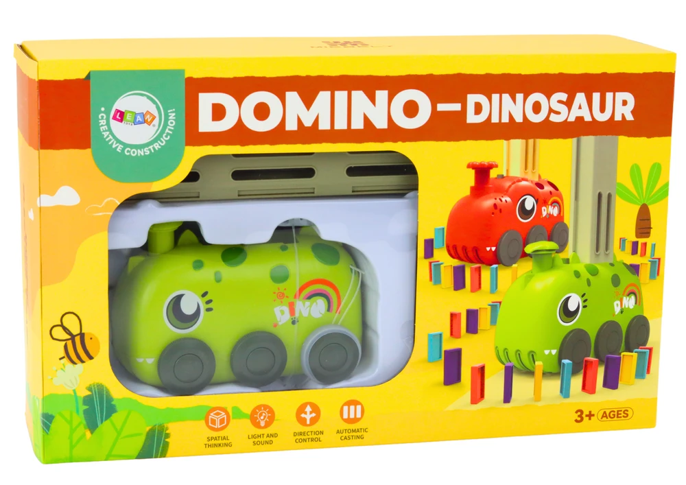 Lean Toys Žalias baterijomis veikiantis dinozaurų automobilis su domino kaladėlėmis