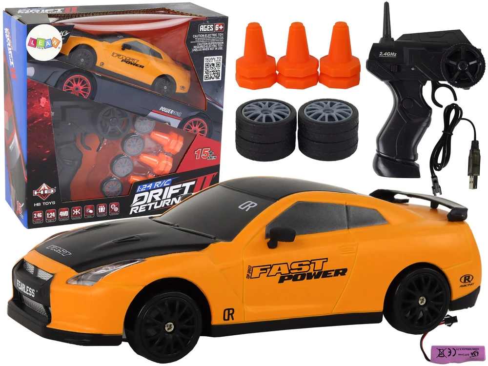 Lean Toys Nuotoliniu būdu valdomas sportinis automobilis R/C 1:24 geltonas su keičiamais ratais