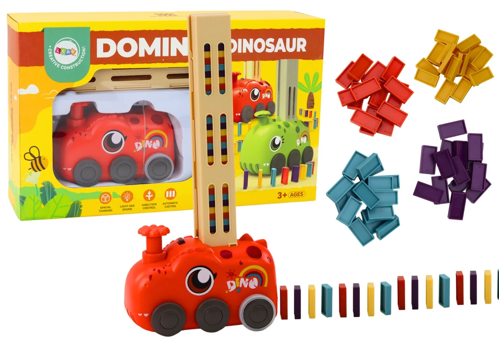 Lean Toys Raudonas Dinozauras - Baterijomis Varomas Automobilis su Domino Kaladėlėmis