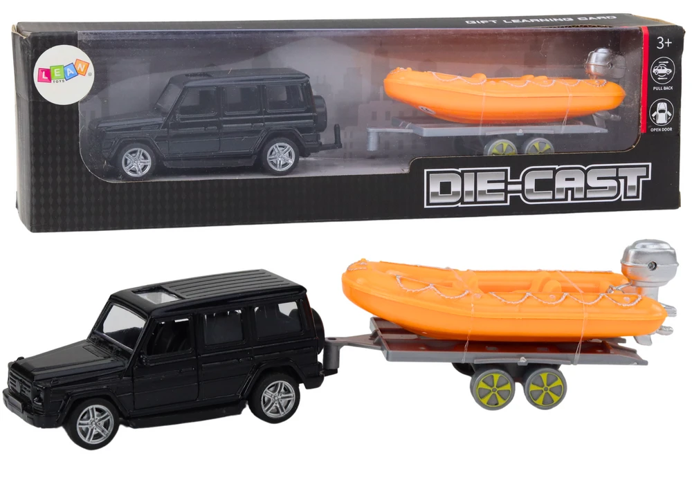 Lean Toys Juodas visureigis su priekaba ir oranžine valtimi vaikams