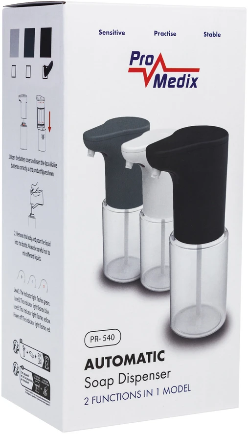 Promedix automatic dispenser, dispenser container for liquid soaps, disinfectant liquids, 300ml, 4xAA, juodas, PR-540 B