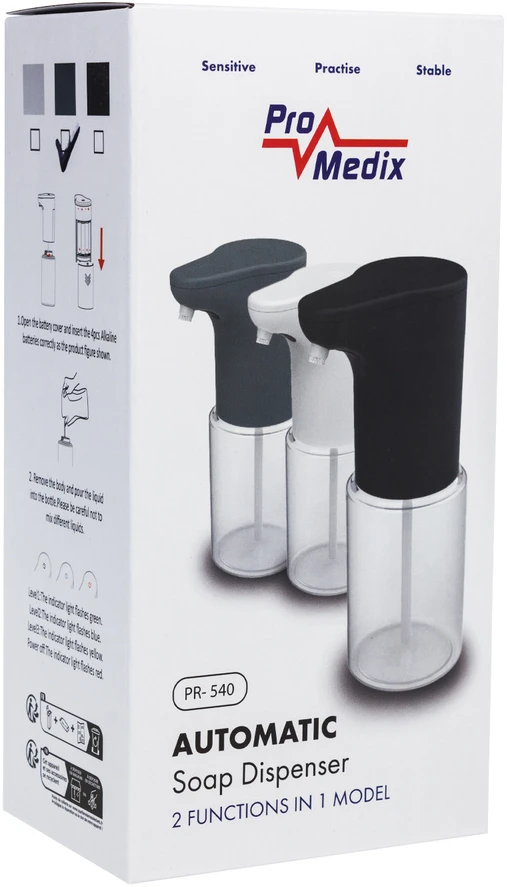 Promedix automatic dispenser, dispenser container for liquid soaps, disinfectant liquids, 300ml, 4xAA, pilkas, PR-540 GR