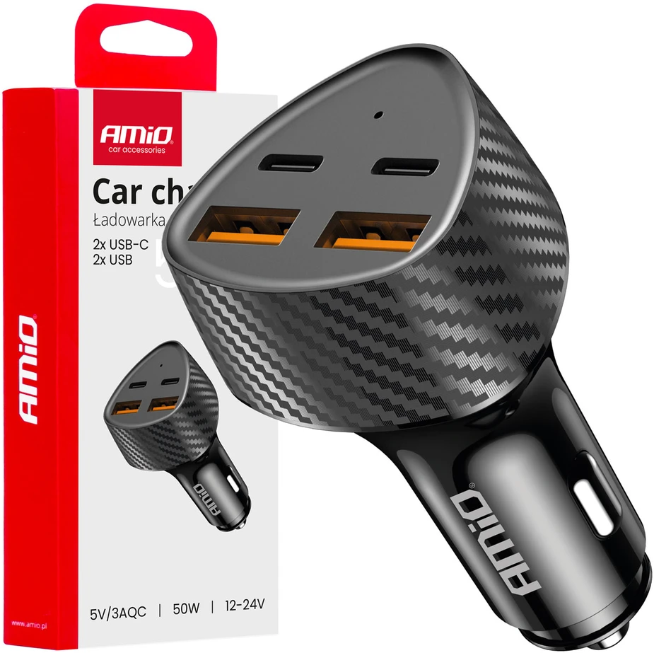 Automobilinis įkroviklis 50W 2xUSB-A + 2xUSB-C AMIO-04284