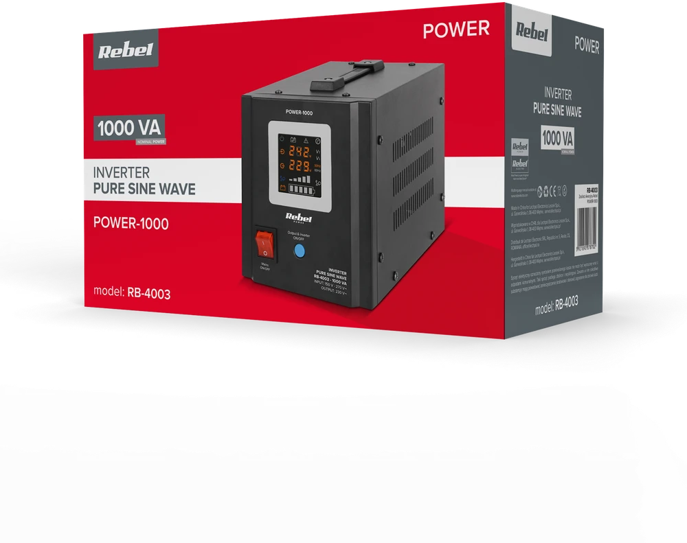 Nepertraukiamo maitinimo šaltinis Rebel POWER-1000 - inverteris su gryna sinusine banga ir įkrovimo funkcija 12V 230V 1000VA 700W