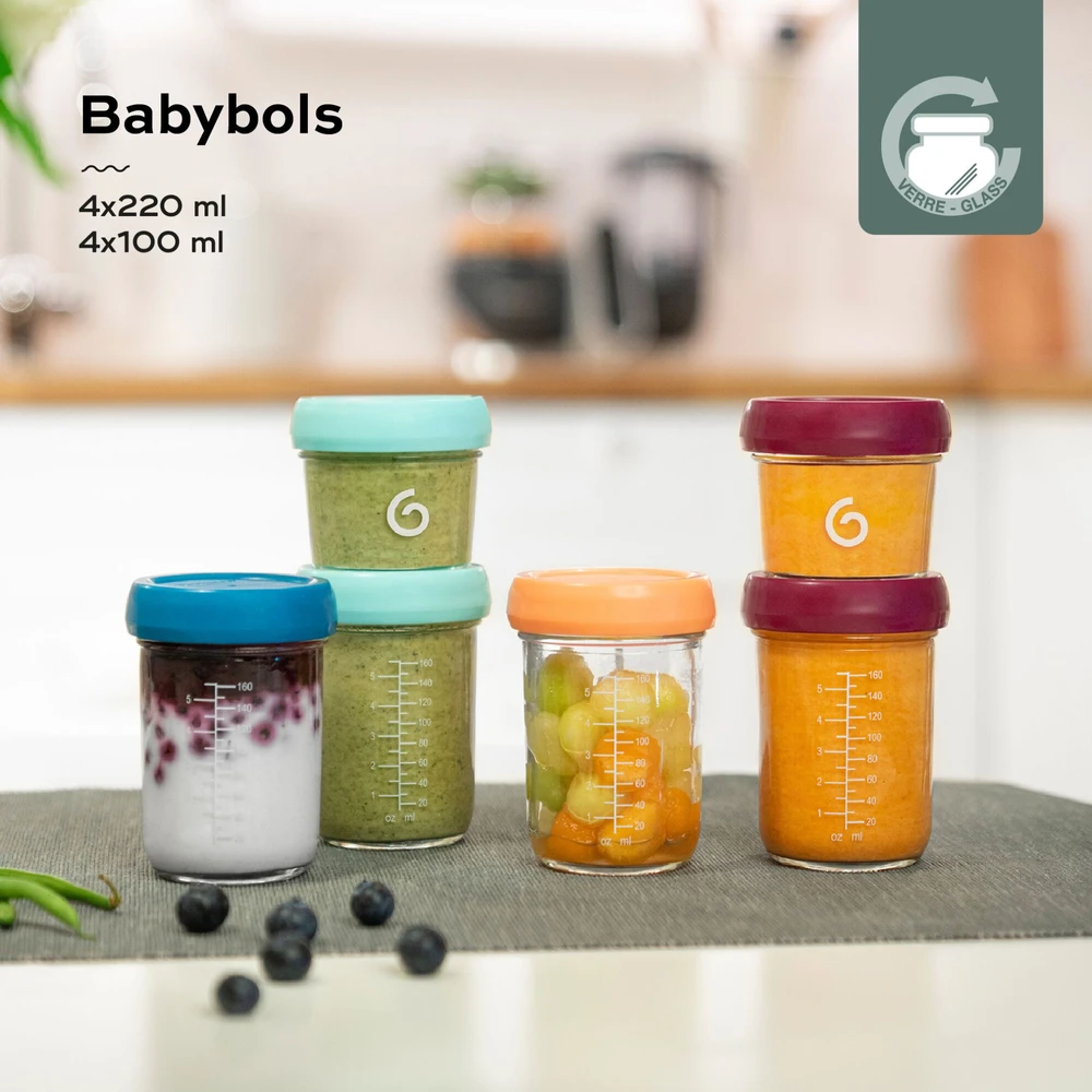 Babymoov - stiklinių Babybols rinkinys - 4 x 120 ml + 4 x 240 ml + receptų knyga