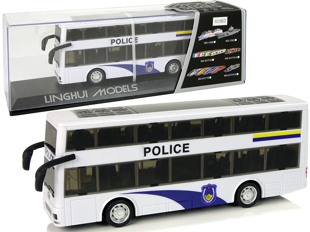 Lean Toys Baltas dviejų aukštų policijos autobusas su šviesos ir garso efektais