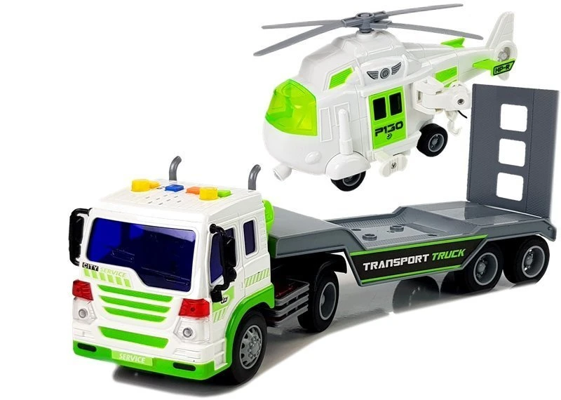 Žaislinio autotrasporterio ir malūnsparnio rinkinys Lean Toys, baltas/žalias, 2 d.
