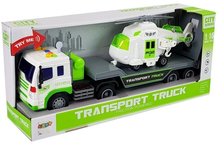 Žaislinio autotrasporterio ir malūnsparnio rinkinys Lean Toys, baltas/žalias, 2 d.