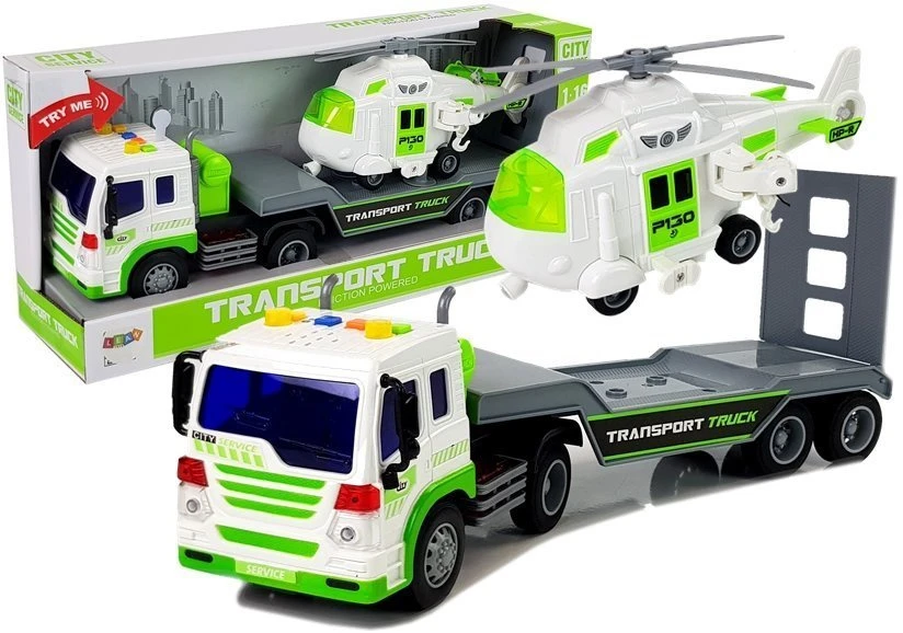 Žaislinio autotrasporterio ir malūnsparnio rinkinys Lean Toys, baltas/žalias, 2 d.