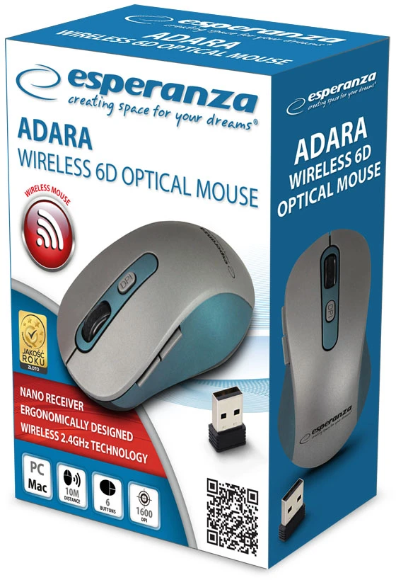 Belaidė pelė „Esperanza EM131B“, 2,4 GHz, 6D, optinė, USB, „Adara“, mėlyna