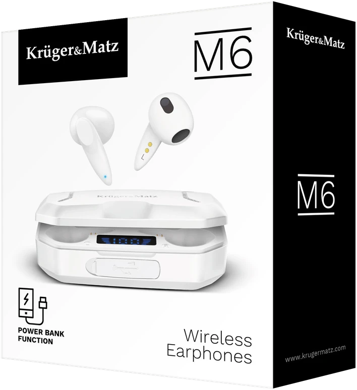 Kruger & Matz M6 belaidės ausinės su maitinimo bloku - balta spalva