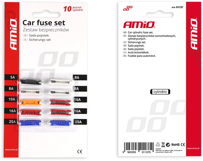 Amio Bezpieczniki Cilindriniai automobilių saugikliai 10 vnt.