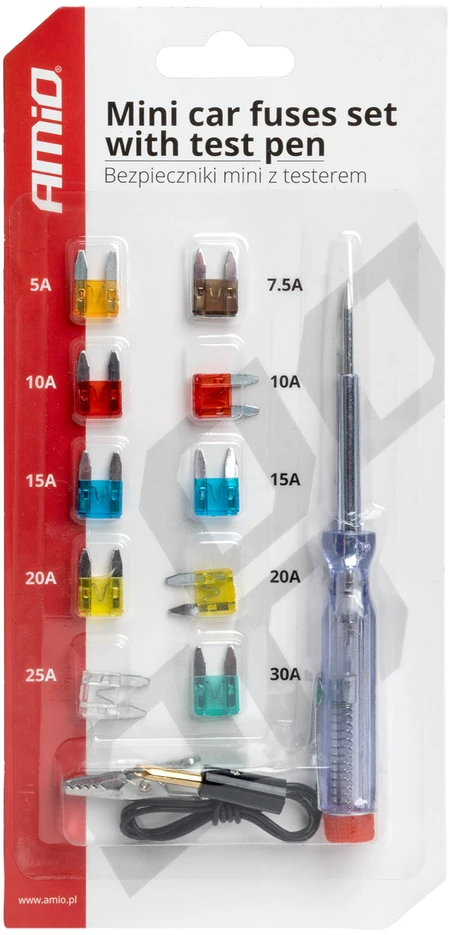 Mini saugiklių rinkinys (10 vnt.) + įtampos matuoklis amio-03524