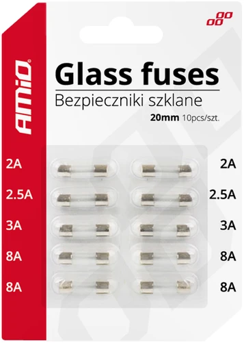 Mini stikliniai saugikliai 20 mm, 10 vnt. rinkinys amio-02394
