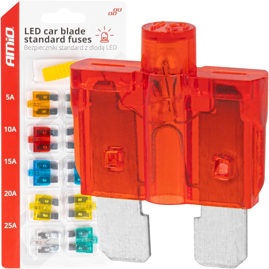 Standartiniai automobilio saugikliai su LED diodu, 10 vnt. amio-04341