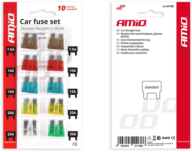 Standartiniai automobilio saugikliai su peiliukais, 10 vnt. rinkinys. amio-01138
