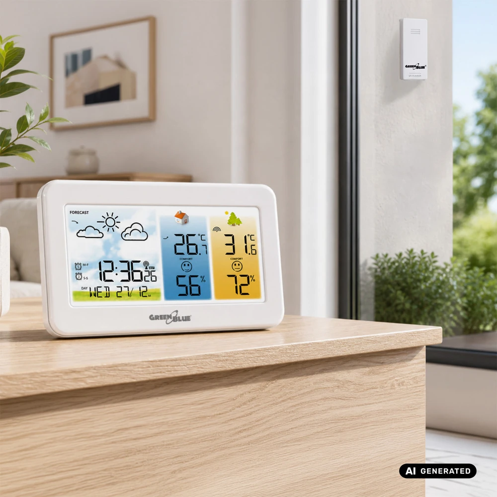 Belaidė oro stotis GreenBlue, temperatūra ir drėgmė IN/OUT, laikrodis/padėjėjas/data, °C / °F, veikimo nuotolis iki 60 m, GB442 W