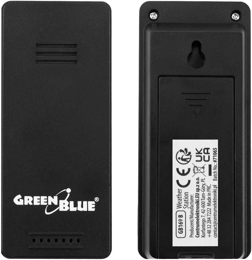 „GreenBlue“ belaidė meteorologinė stotelė, temperatūros + drėgmės įėjimas/išėjimas, laikrodis + žadintuvas + data, °C / °F, iki 60 m, juoda, GB169 B